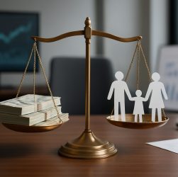 A scale balancing stacks of money and paper cutouts of a family representing wealth management.