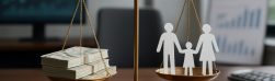 A scale balancing stacks of money and paper cutouts of a family representing wealth management.