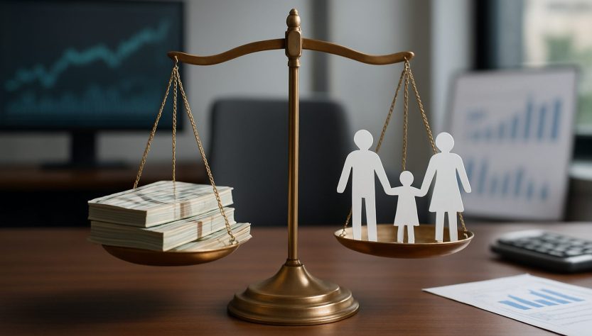 A scale balancing stacks of money and paper cutouts of a family representing wealth management.