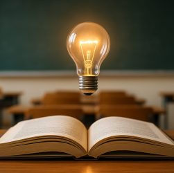 An open book on a wooden desk with a glowing light bulb hovering above it, set in an empty classroom