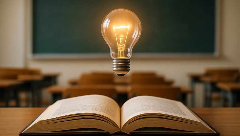 An open book on a wooden desk with a glowing light bulb hovering above it, set in an empty classroom