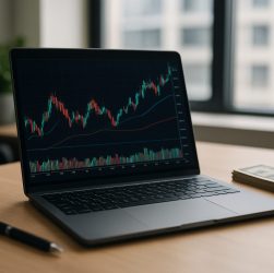 A laptop displaying a financial chart on a wooden desk with stacks of cash nearby.