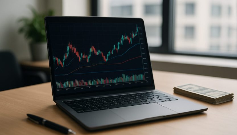 A laptop displaying a financial chart on a wooden desk with stacks of cash nearby.